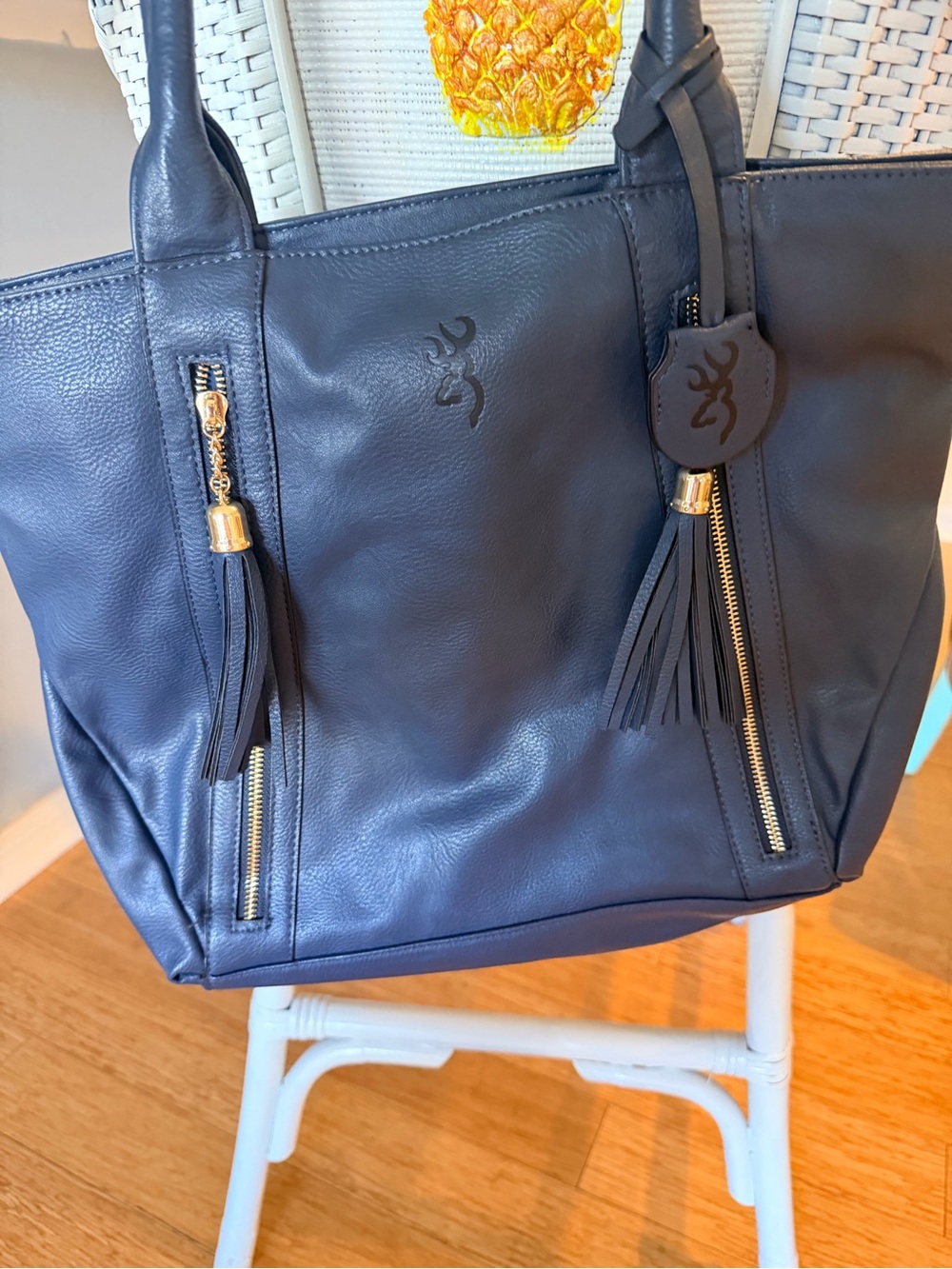 Leather Tassel Tote Bag - Navy